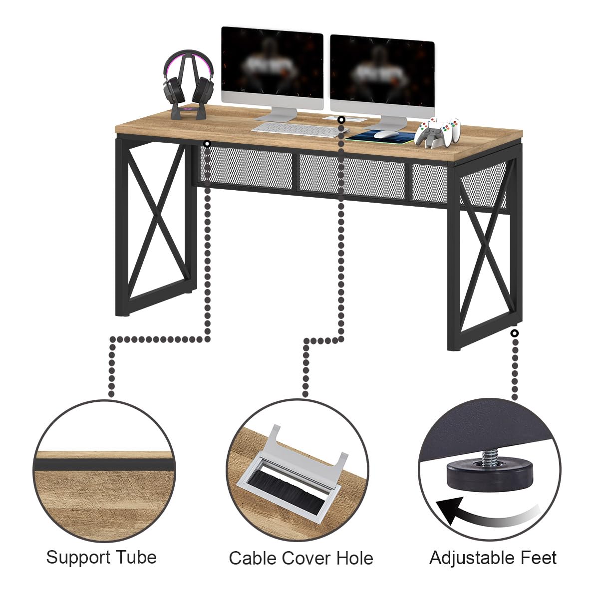 BON AUGURE Farmhouse Computer Desk, Modern Industrial Home Office Desk, Wood Metal Study Writing Table, Sturdy Gaming Desk (Vintage Oak, 54 Inch) BON AUGURE