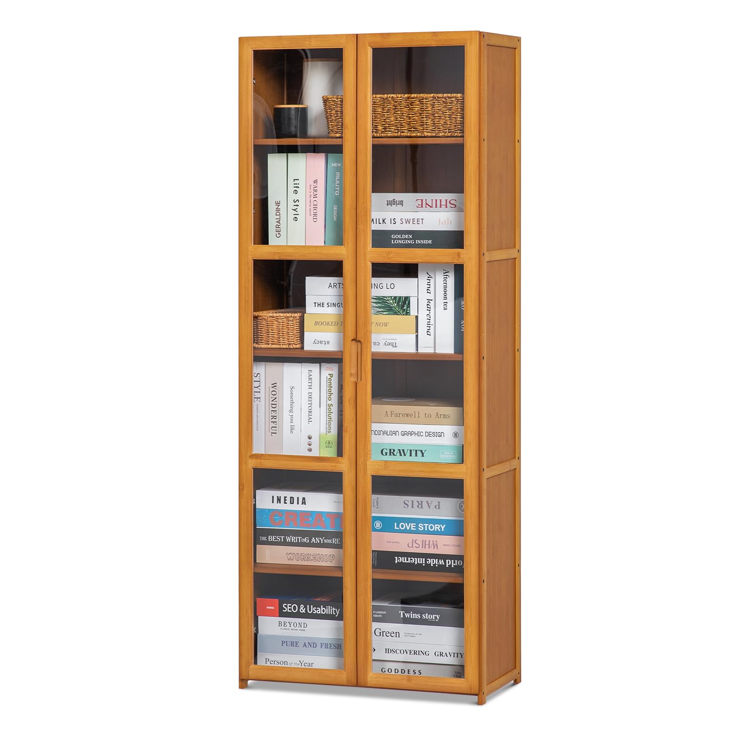 Magshion 6-Tier Bamboo Bookcase with Clear Doors for Versatile Storage Solutions in Brown - WoodArtSupply