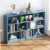 IOTXY Open Shelf Low Bookcase - Wooden 3-Tier Floor Standing Display Cabinet Organizer with Base, 10 Cubes Short Horizontal Bookshelf in Bright Blue IOTXY
