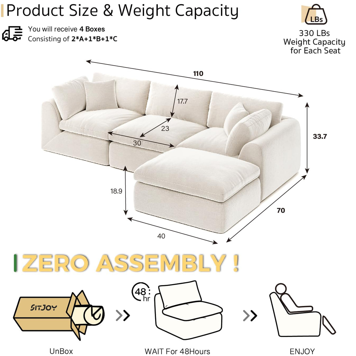 SITJOY L Shape Sectional Sofa, 4 Seat Velvet Sofa with Ottoman, Boneless Cloud Sectional Couch for Living Room, No Need Assembly Modular Sectional Sofa, 110 inch Width, White SITJOY