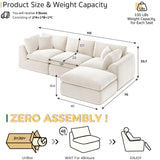 SITJOY L Shape Sectional Sofa, 4 Seat Velvet Sofa with Ottoman, Boneless Cloud Sectional Couch for Living Room, No Need Assembly Modular Sectional Sofa, 110 inch Width, White SITJOY