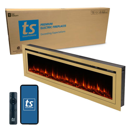 Touchstone Sideline Deluxe® -Gold Smart Electric Fireplace- 72 Inch Wide- Alexa®/WiFi-Enabled- in Wall Recessed- 5 Flame Settings- 9 Flame Colors- 1500W Heater- Log & Crystal Options- 86278