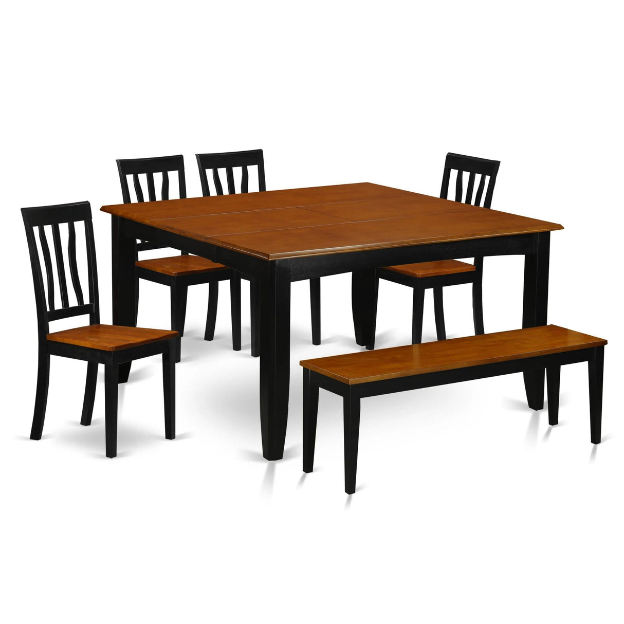 East West Furniture PFAN6-BCH-W 6 Piece Modern Dining Table Set Contains a Square Wooden Table with Butterfly Leaf and 4 Dining Room Chairs with a Bench, 54x54 Inch, Black & Cherry East West Furniture