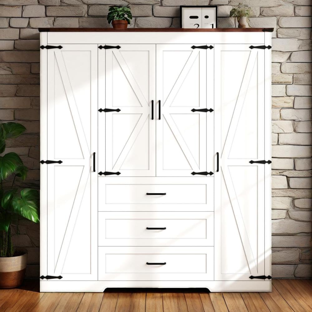 CayugaCrekrd 70" Tall Armoire Wardrobe Closet with 4 Doors & 3 Drawers, Farmhouse Bedroom Storage Cabinet with Hanging Rod, Freestanding Wooden Armoire Wardrobe Closet, White CayugaCrekrd