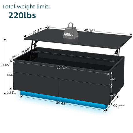 HOMMPA Lift Top Coffee Table with Hidden Storage LED Coffee Table Morden High Gloss Black Living Room 3 Tiers Modern Tea Table with Storage Center Tables Hidden Compartment & 2 Drawers HOMMPA