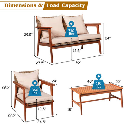 Tangkula 4 PCS Patio Wood Sofa Set, Outdoor Acacia Wood Seating Chat Set with Cushions & Coffee Table, Sectional Conversation Sofa Set for Garden, Backyard, Poolside (1, Brown) - WoodArtSupply