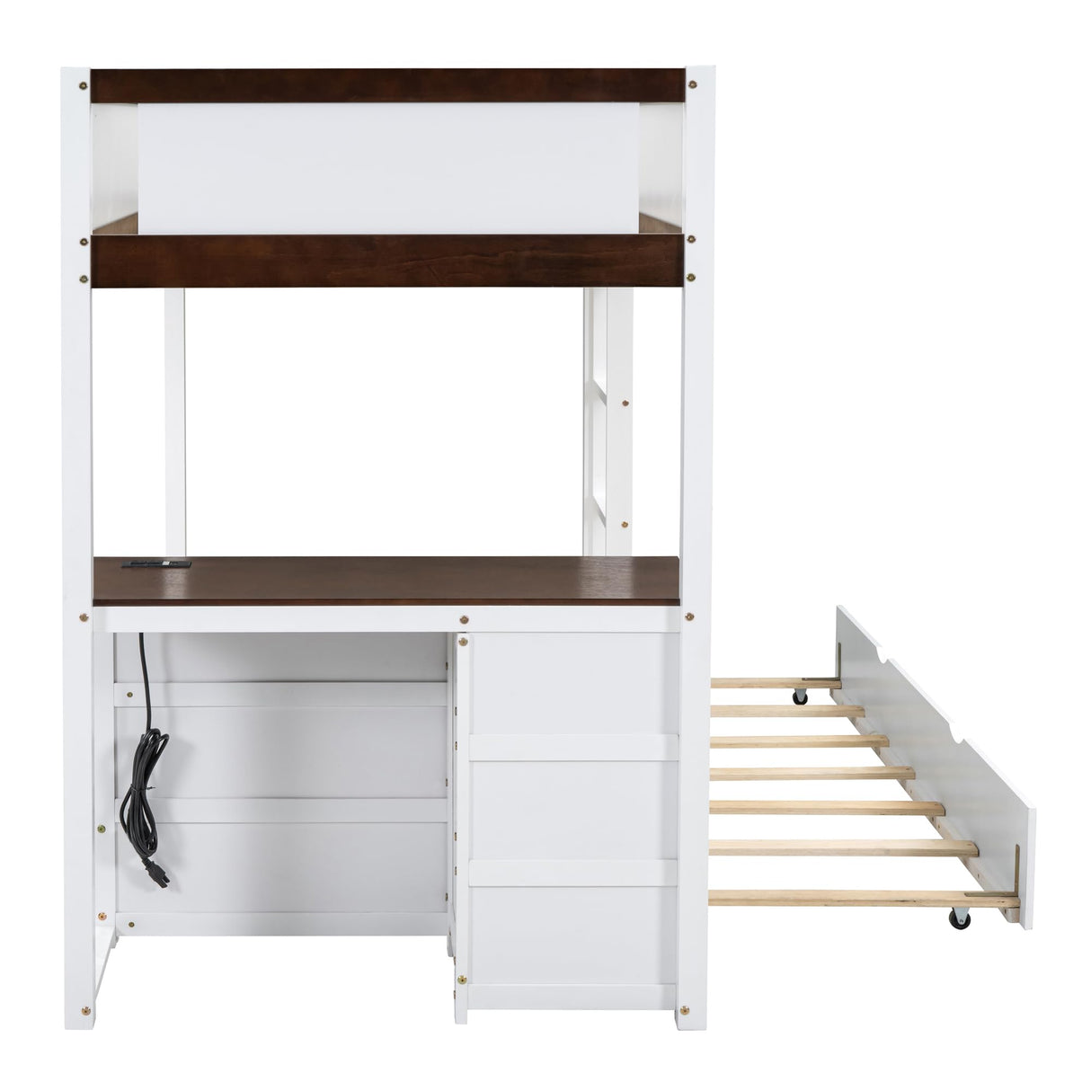Linique Twin-Over-Twin Bunk Bed with Twin Size Trundle, Ladder & Full-Length Gurardrails, Writing Desk with USB Ports, 3-Hole Socket & 3 Drawers, White+Walnut Linique