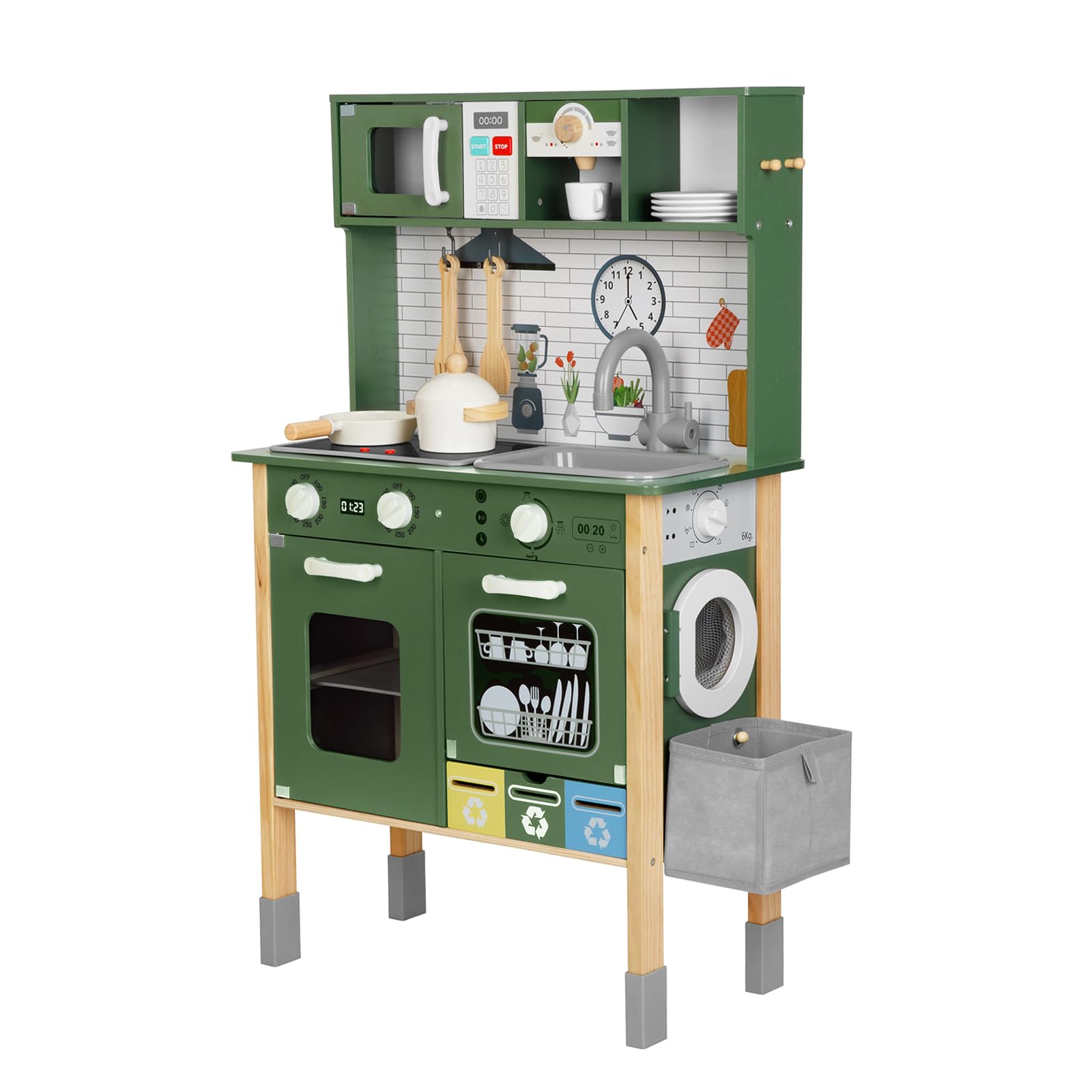 OOOK Kids Kitchen Playset with Sound and Light, Wooden Multifunctional Pretend Play Kitchen with Coffee Machine, Microwave, Dishwasher and Washer Toy ect., Kitchen Set for Kids Aged 3+ - WoodArtSupply