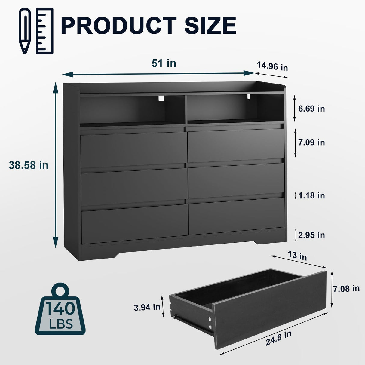 Tatub 6 Drawer Dresser for Bedroom, Black Dressers & Chests of Drawers with LED Light and Handle Free Drawers, Led Dresser for Living Room Tatub