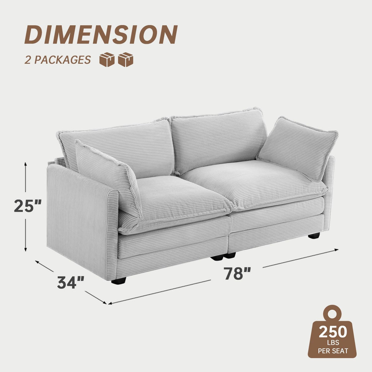 ROWHY 78'' Sectional 2 Seat Cloud Loveseat with 2 Throw Pillows, Modern Corduroy Love Seat, Cozy Sofa for Living Room, Office and Bedroom, Light Grey ROWHY