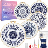 LOADSFUN 5 Pieces Embroidery Kit for Beginners, Cross Stitch Kits with Stamped Patterns,Hoop,Threads,Needle Threader Needlepoint Kits Crafts for Adults Step by Step Instructions Video