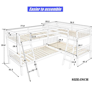 VENYAA Higher Quality and Stronger Solid Wood Quad Bunk Bed Twin Over Twin for 4 with Safer Guardrail and Ladders, Thickened More Stable Wooden Twin Size L-Shaped Bunk Bed (Faster Assembly) (White)