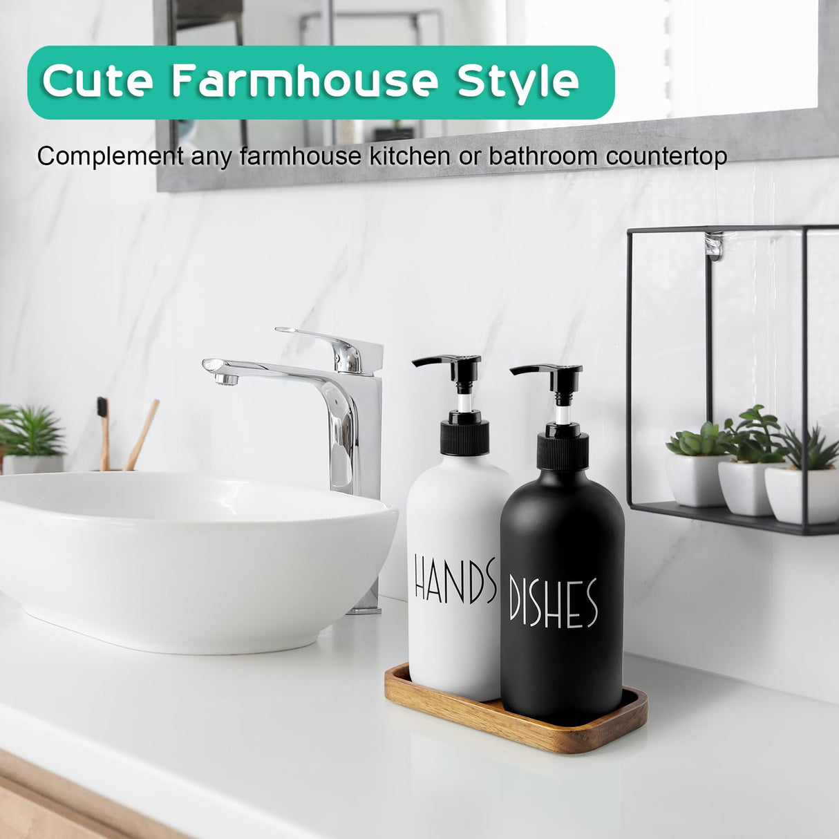 ALELION Glass Dish Soap Dispenser for Kitchen - 16 OZ Hand Soap Dispenser Set with Pump and Acacia Wood Tray - Black White Modern Farmhouse Kitchen Bathroom Decor and Accessories ALELION