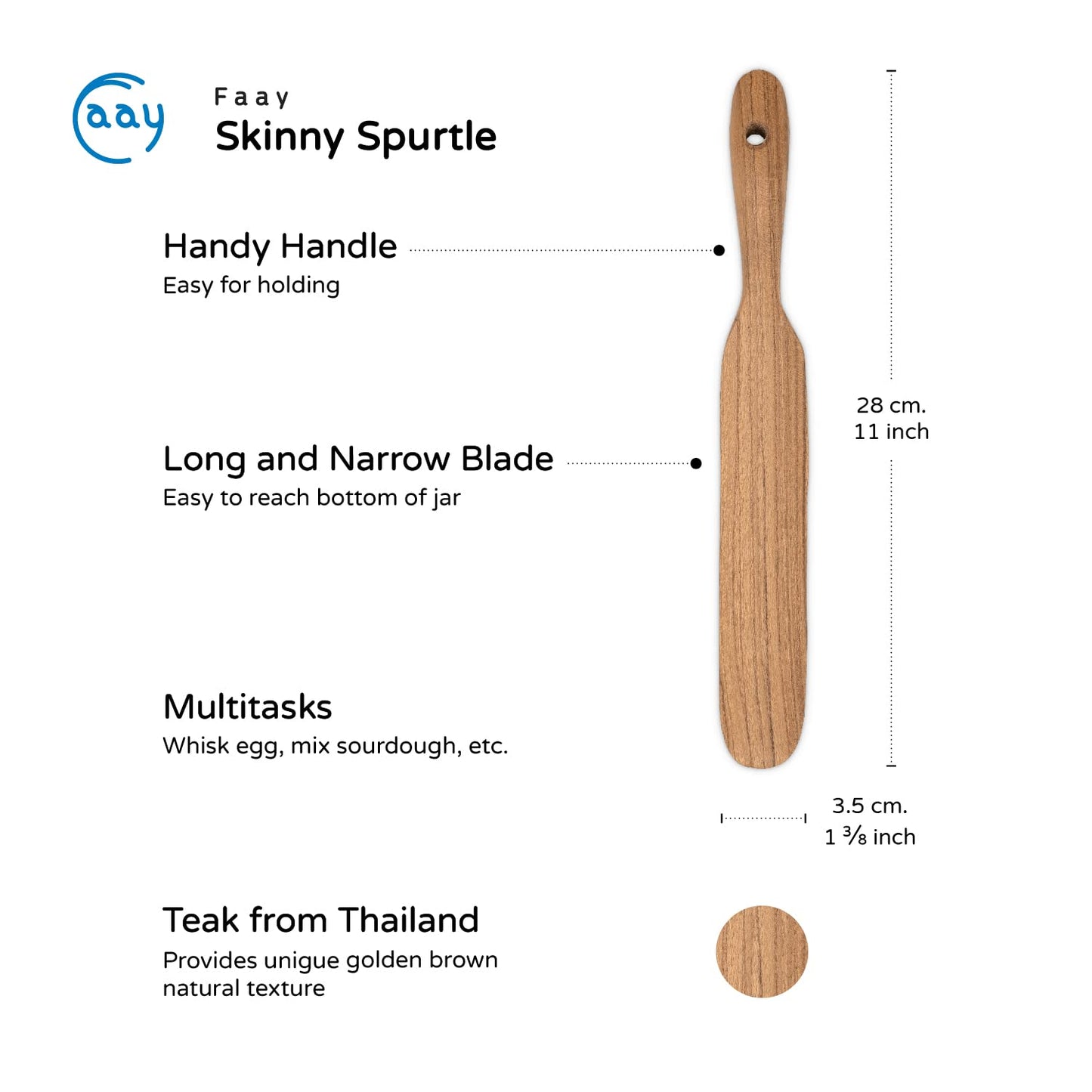 FAAY Skinny Spurtle – Sourdough Mixer & Bread Stirring Spatula | Ideal for Dough Whisking, Mixing, Jar Scraping, & Reaching Bottom | Teak Utensil Tools for Starter, Baking, Sour dough Gift