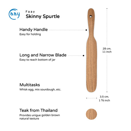 FAAY Skinny Spurtle – Sourdough Mixer & Bread Stirring Spatula | Ideal for Dough Whisking, Mixing, Jar Scraping, & Reaching Bottom | Teak Utensil Tools for Starter, Baking, Sour dough Gift FAAY
