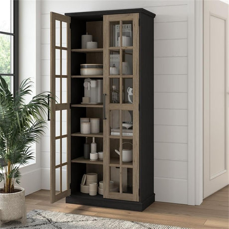 Bush Furniture Westbrook Curio Cabinet with Glass Doors in Vintage Black/Restored Tan Hickory | Tall 5 Shelf Display Case for Living Room or Home Office Bush Business Furniture