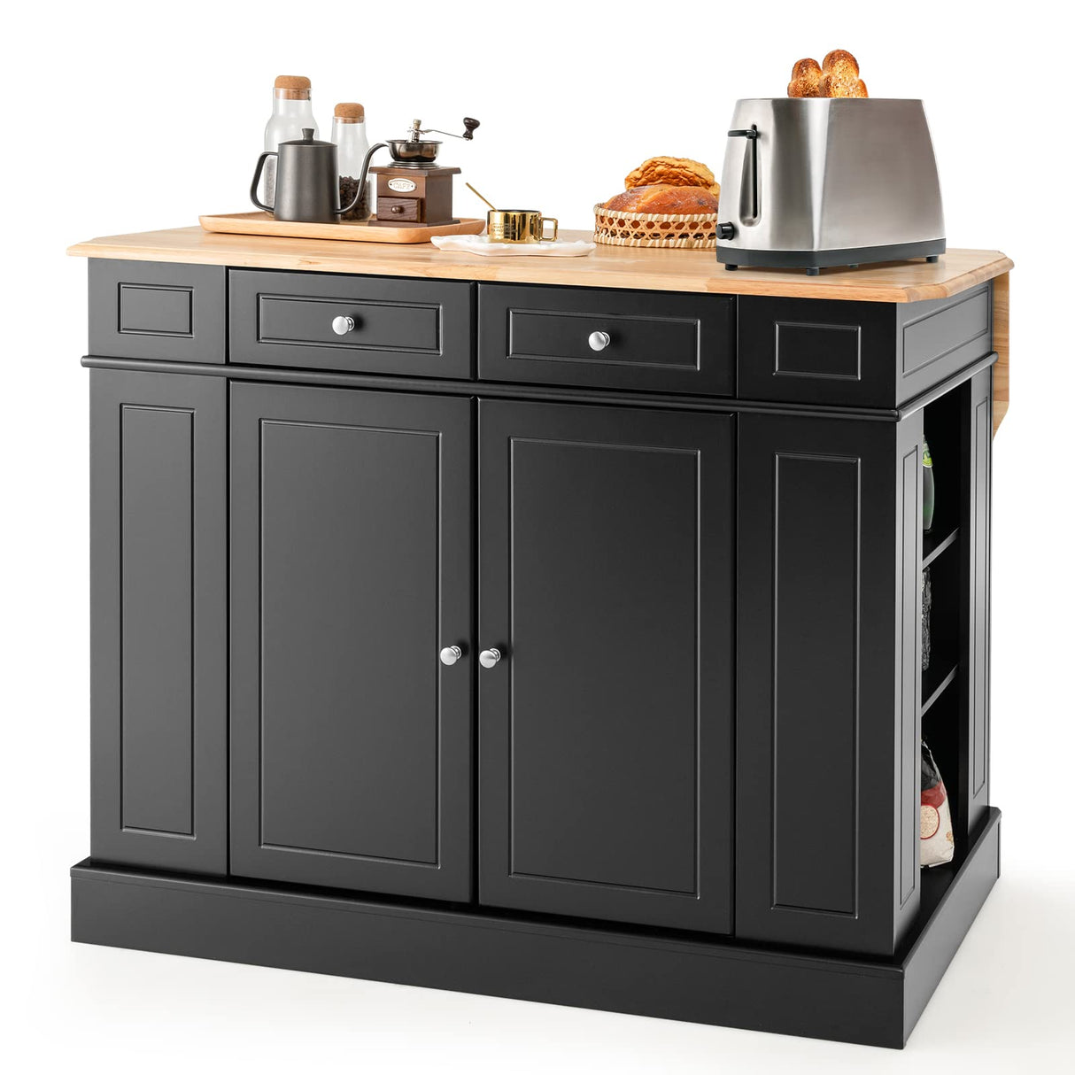 LOKO Black Kitchen Island with Drop Leaf, Storage Cabinet, Adjustable Shelves & Drawers LOKO
