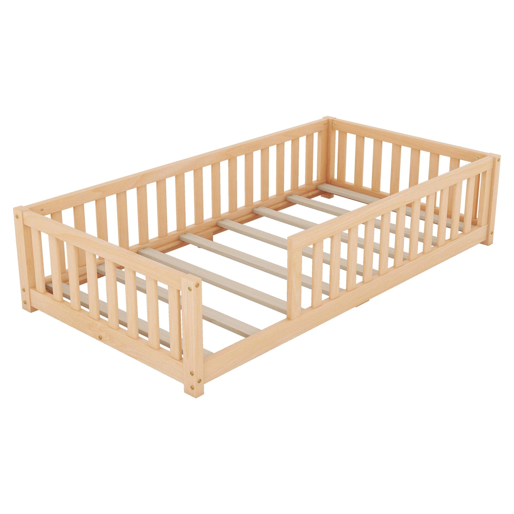 CITYLIGHT Twin Montessori Floor Bed with Rails and Door - Natural Wood Frame for Kids - WoodArtSupply