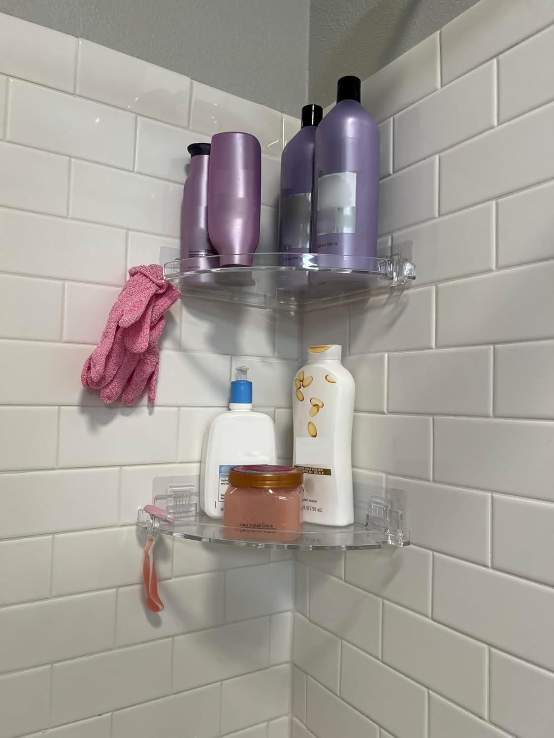 JiePai Acrylic Corner Shower Caddy Shelf with Hooks 2 Pack, Adhesive Wall Mounted Bathroom Shower Organizer for Inside Shower & Kitchen Storage, Space-Saving Design JiePai