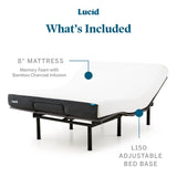 LUCID 8 Inch Queen-Mattress and L150 Adjustable Bed Base – Plush Gel Memory Foam-Mattress – Bamboo Charcoal – CertiPUR-US Certified – Easy Assembly LUCID
