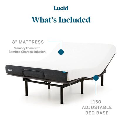 LUCID 8 Inch Queen-Mattress and L150 Adjustable Bed Base – Plush Gel Memory Foam-Mattress – Bamboo Charcoal – CertiPUR-US Certified – Easy Assembly