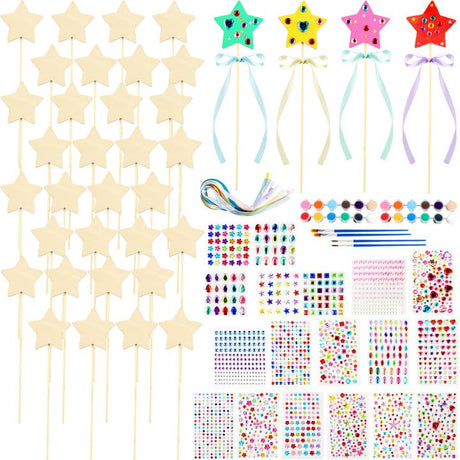 92 Pcs Unfinished Star Princess Fairy Wands Kit Make Your Own Princess Wand DIY Art Craft Magical Wand Include 36 Star Wooden Fairy Wands 18 Gem Stickers 36 Ribbons 2 Markers for Kids Party Supplies Feradny