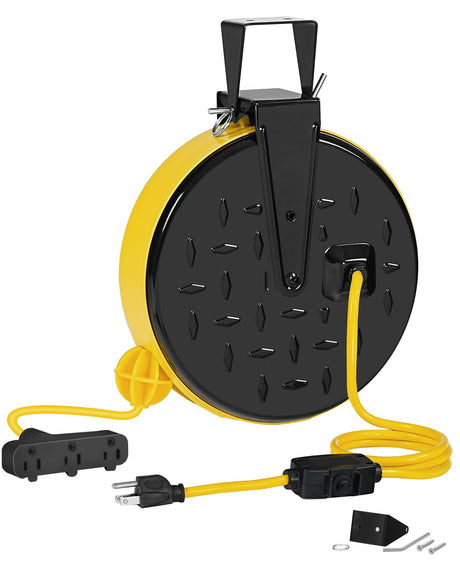 WILAWELS 30 Ft Retractable Extension Cord Reel, 16/3 Gauge SJTW Power Cord with 3 Electrical Outlets Pigtail for Garage and Shop, 10 Amp Circuit Breaker, Metal Plate, UL Listed, Yellow Y30CR06 WILAWELS