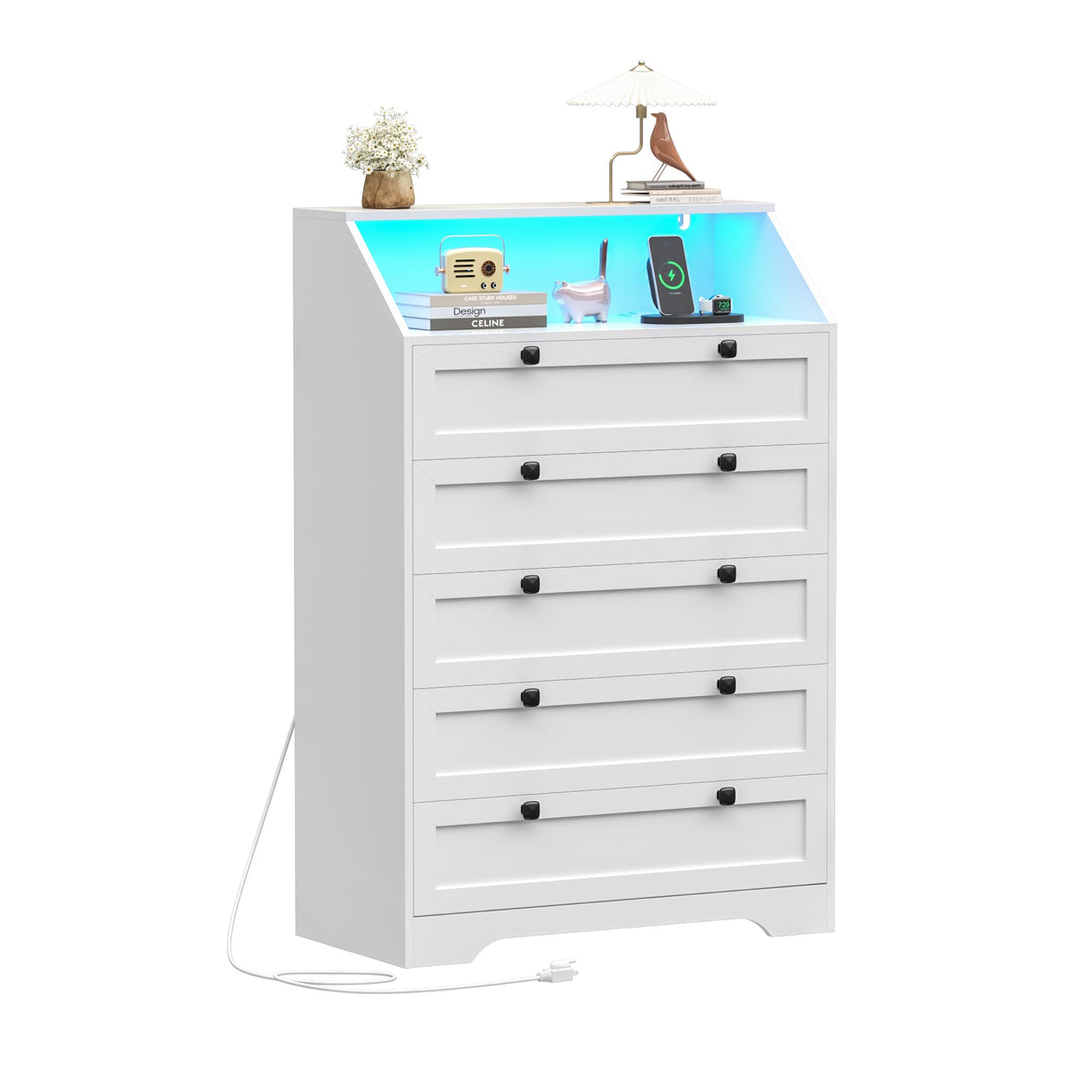 Wodeer 5 Drawer Dresser with Charging Station,LED Dresser for Bedroom,Chest of Drawers with Deep Drawers, Wood Dresser for Storage and Organization for Bedroom,Hallway,Living Room,White Wodeer