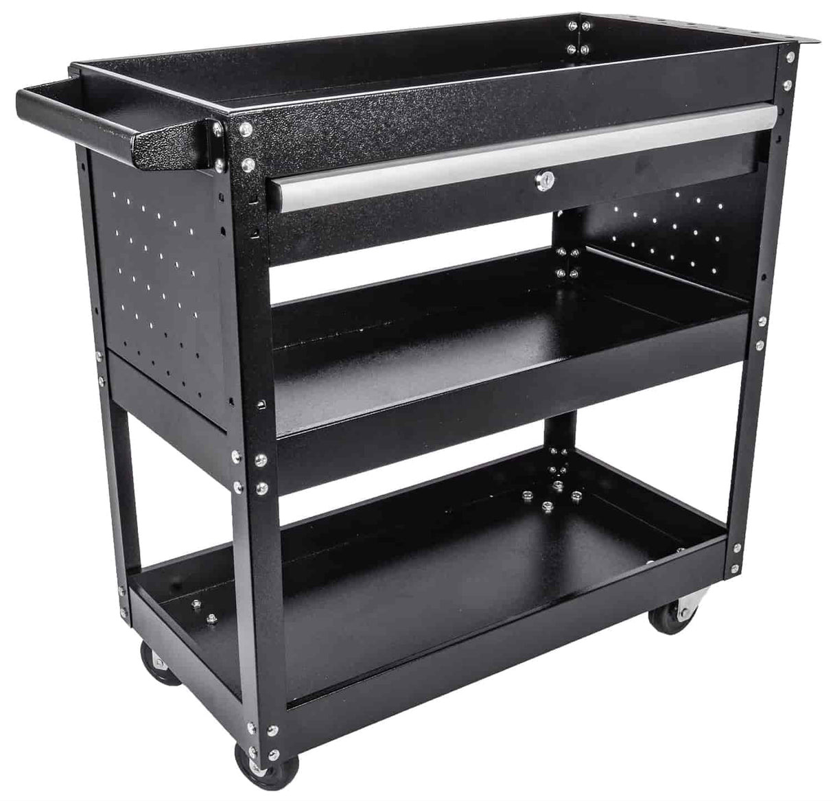 JEGS 3-Shelf Shop Cart | 200 LBS Capacity | Black Finish | 3 Shelves, 1 Locking Drawer, Tool Tray, 2 Swivel Caster Wheels, 2 Straight Caster Wheels JEGS