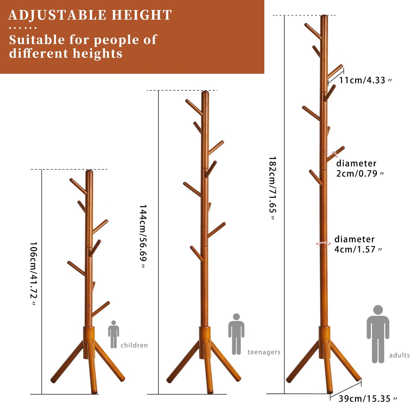 Aibiju Wood Coat Rack Freestanding, Coat Tree with 8 Hooks, 3 Height Options, Suitable for Kids and Adult, Coat Stand for Bedroom Office Entrance Brown YD-1006