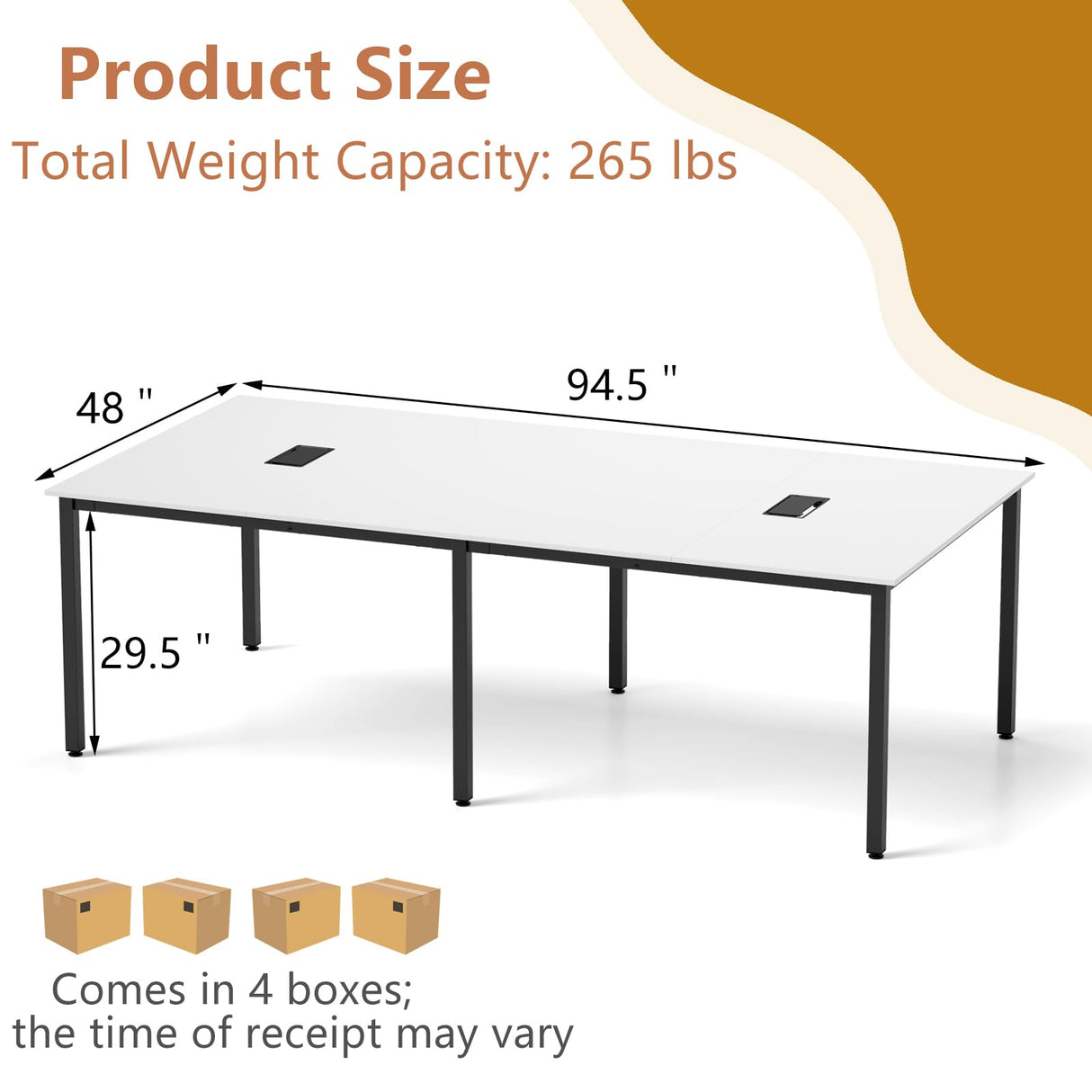 Tangkula 8 FT Conference Table, 95" x 48" Rectangle Office Computer Desk with Heavy-Duty Metal Frame, 2 Cable Grommets, Modern Seminar Table for Meeting Room, Boardroom (White,2) Tangkula