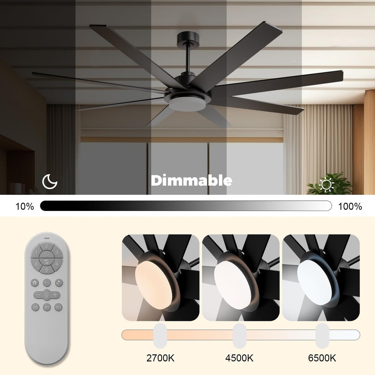 72 inch Large Ceiling Fans with Lights and Remote, Industrial Ceiling Fan Reversible Quiet DC Motor, 6 Speed 3 CCT Dimiable, Modern Ceiling Fan for Living Room Farmhouse Patios Outdoor Gazebo Black BrilMaison
