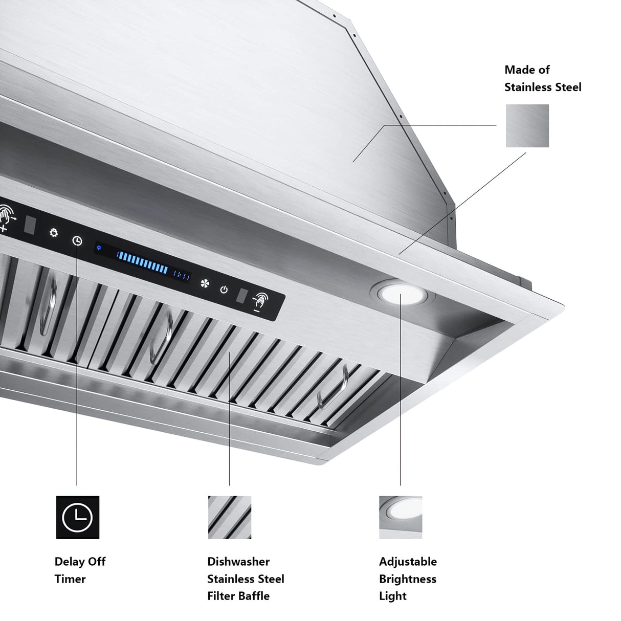 IKTCH 36 inch Built-in/Insert Range Hood 900 CFM, Ducted/Ductless Convertible Duct, Stainless Steel Kitchen Vent Hood with 2 Pcs Adjustable Lights and 3 Pcs Baffle Filters with Handlebar(IKB02-36'') IKTCH