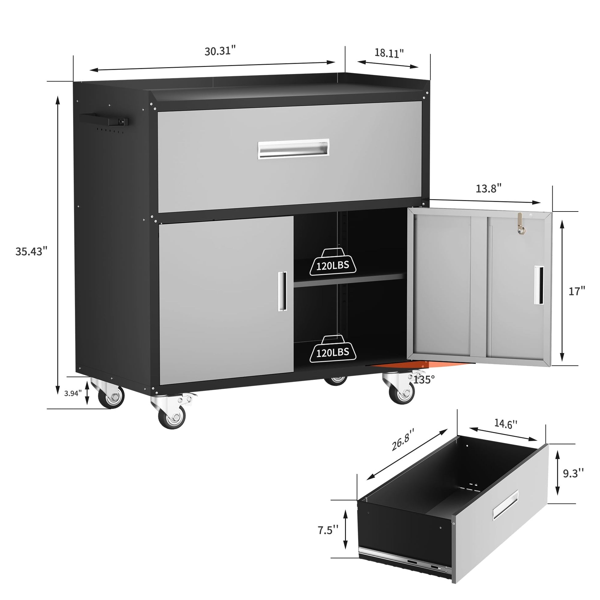 LCAOPC Metal Garage Storage Cabinet with Wheels, Lockable Rolling Tool Chest with Wheels, Tool Cabinet on Wheels, Utility Cabinet for Home, Office, Garage and Workshop, Black & Gray - WoodArtSupply