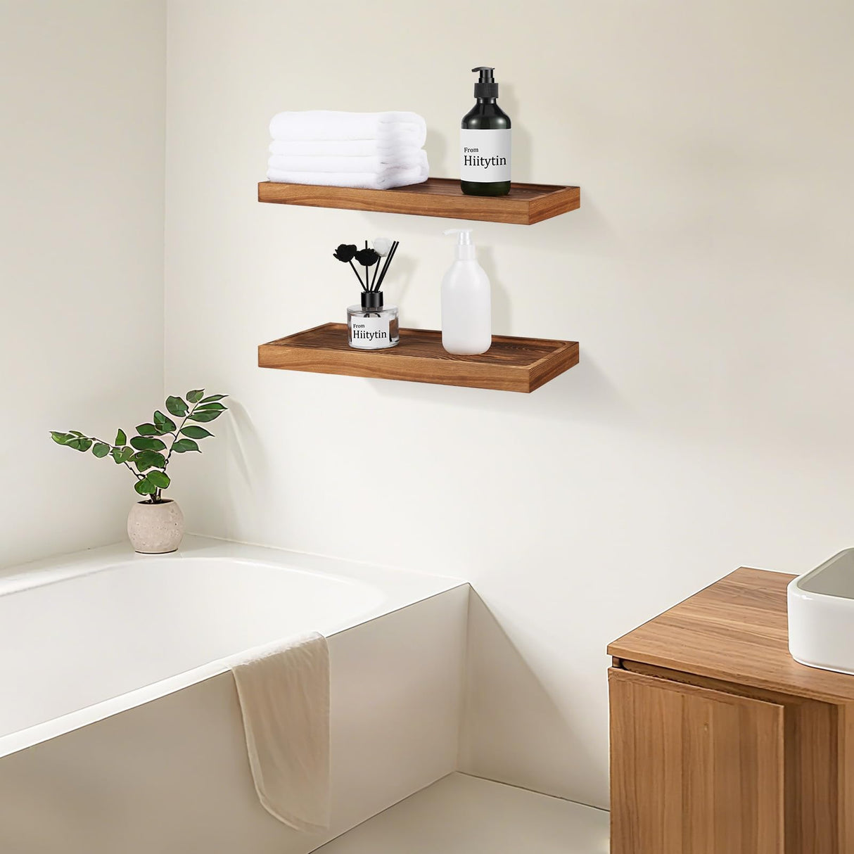 Hiitytin Solid Wood Floating Shelves Bathroom 16 inch Rustic Wall Wood Display Shelves with Grooves Set of 2 Home Decor for Living Room Bedroom Kitchen Farmhouse 16x6.7 inch - Brown Hiitytin