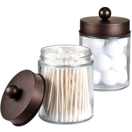 Amolliar Apothecary Jars Bathroom Storage Organizer - Cute Qtip Dispenser Holder Vanity Canister Jar Glass with Lid for Cotton Swabs,Rounds,Bath Salts,Makeup Sponges,Hair Accessories/Bronze (2 Pack) Amolliar