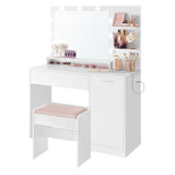 VASAGLE Vanity Desk with Mirror and Lights, 43.3-Inch Wide Makeup Vanity with Upholstered Vanity Stool, Power Outlets, Dimmable LED Lights, Storage Drawer, for Bedroom, Cloud White URDT628W01 VASAGLE