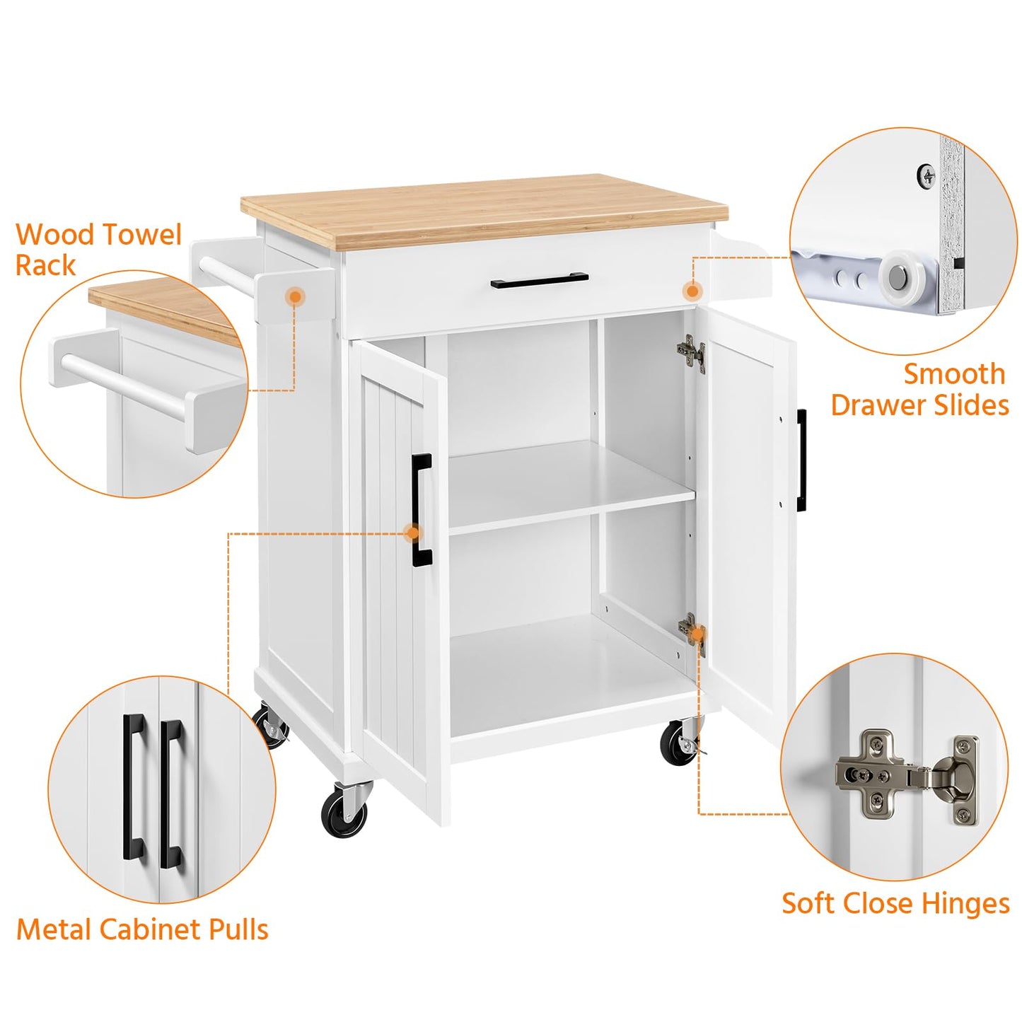 Topeakmart Kitchen Island Cart with Storage Cabinet and 1 Drawer, Rolling Kitchen Cart with Towel Rack & Spice Rack, Bamboo Countertop, White