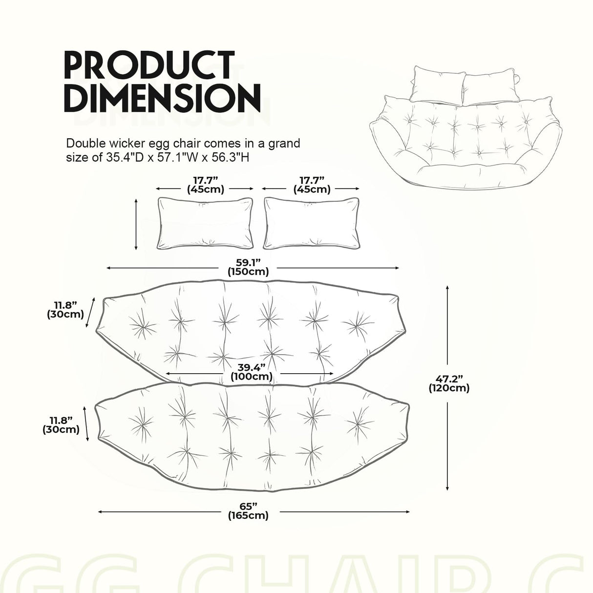 DANGHOOGY Outdoor Double Egg Chair Cushions, Waterproof Wicker Egg Chair Replacement Cushion, Thickened Hanging Chair Cushion, 65x47x7 Inches (Black) DANGHOOGY