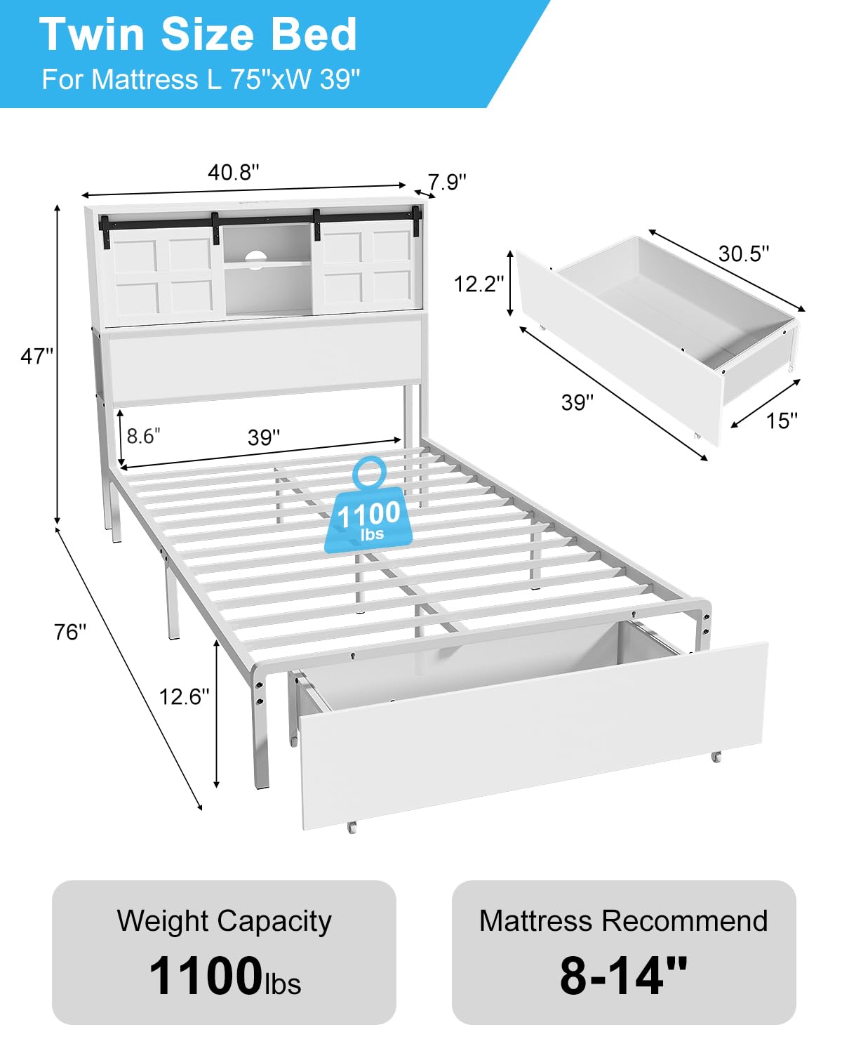 LegacyAmerhome Twin Size Bed Frame, Wooden Storage Headboard with Drawers, 3-in-1 Charging Hub & Nightstand, Strong Metal Slats, No Box Spring Required (White, Twin) LegacyAmerhome