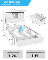 LegacyAmerhome Twin Size Bed Frame, Wooden Storage Headboard with Drawers, 3-in-1 Charging Hub & Nightstand, Strong Metal Slats, No Box Spring Required (White, Twin) LegacyAmerhome