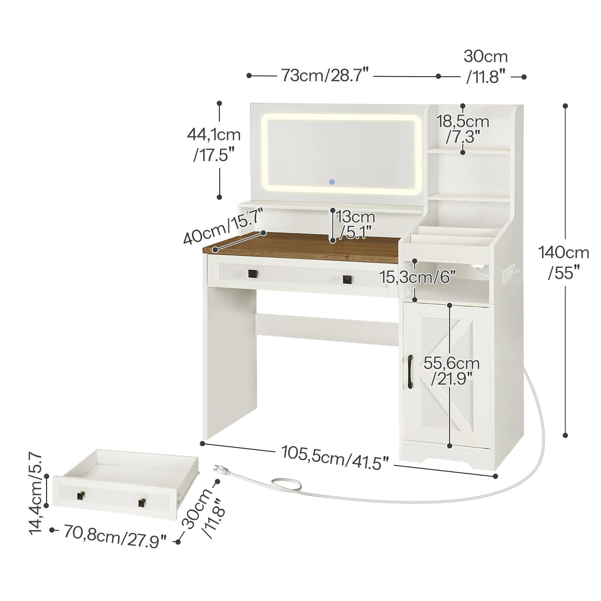 HOOBRO White Vanity Desk with Mirror and Lights, Farmhouse Vanity Makeup Desk with Charging Station, 41.5" Makeup Vanity Desk with Lighted Mirror, Power Outlet HOOBRO