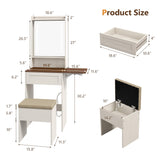 Small Vanity Desk with Mirror and Lights,Farmhouse Makeup Vanity Table with Charging Station,Compact Vanity with Storage Chair& Drawer,White Dressing Table with Fold-up Panel for Small Space,Bedroom LTMEUTY