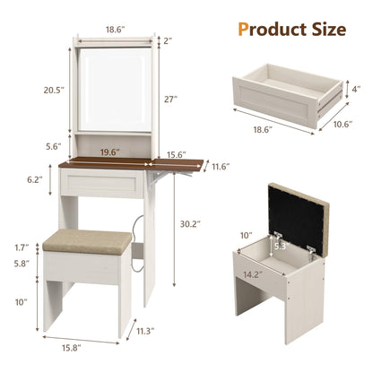 Small Vanity Desk with Mirror and Lights,Farmhouse Makeup Vanity Table with Charging Station,Compact Vanity with Storage Chair& Drawer,White Dressing Table with Fold-up Panel for Small Space,Bedroom