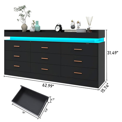 Hlivelood 9 Drawer Dresser with LED Light, Modern Chest of Drawers for Closet, Wide Drawer Organizer Cabinet for Bedroom, Living Room, Entryway, Hallway(9 Drawer Black) - WoodArtSupply