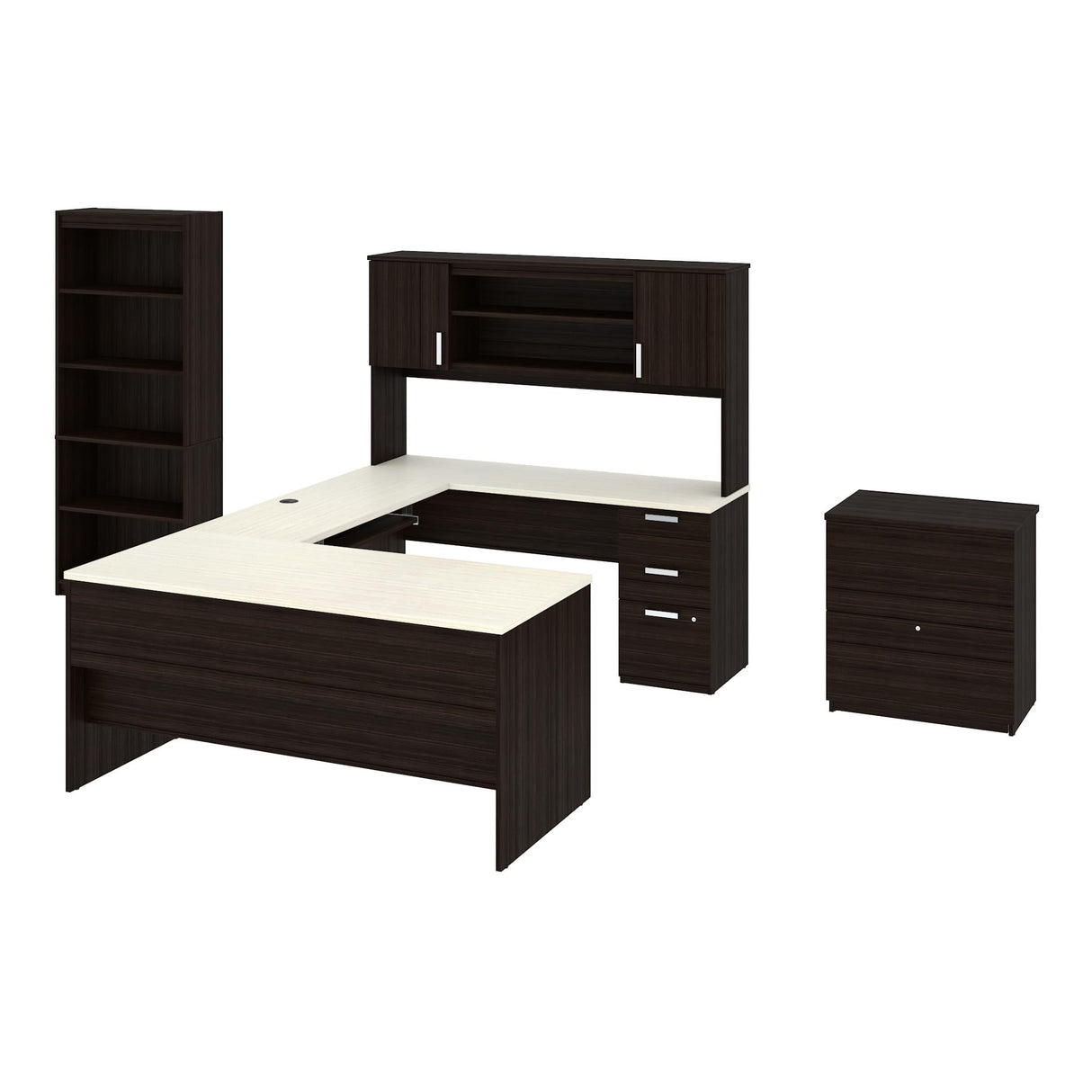 Bestar, Ridgeley Collection, 3-Piece Set Including a U-Shaped Desk with Hutch, a Lateral File Cabinet, and a Bookcase Bestar