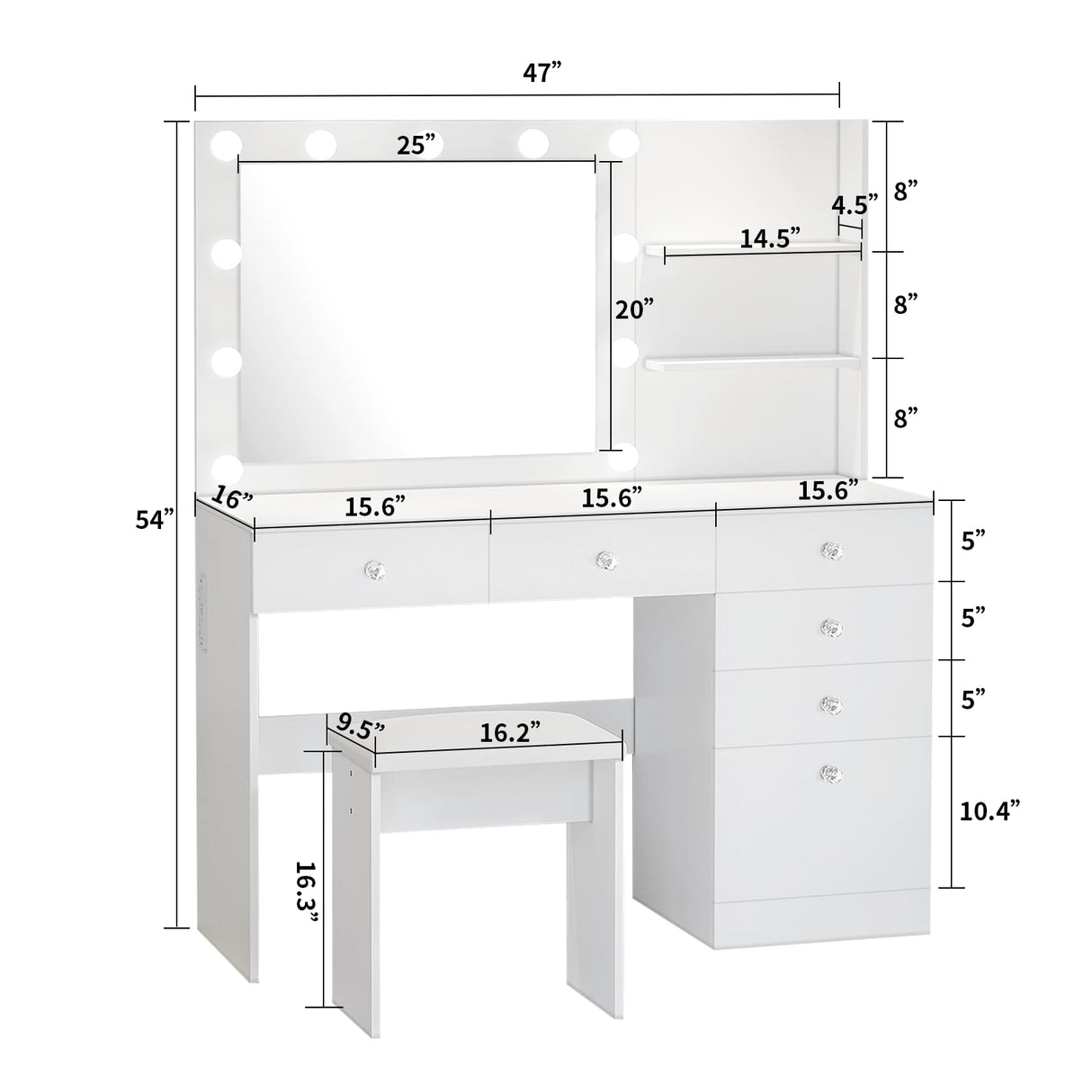 VOWNER Vanity with Lights - 47" Makeup Vanity Desk with Power Outlet, Storage Shelves and 6 Drawers, 3 Color Lighting Modes with Adjustable Brightness, Makeup Desk with Stool for Bedroom, White VOWNER