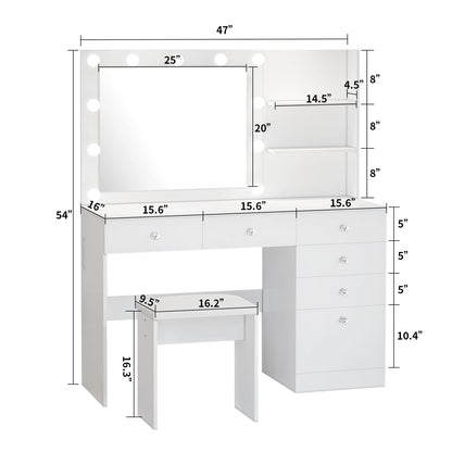 VOWNER Vanity with Lights - 47" Makeup Vanity Desk with Power Outlet, Storage Shelves and 6 Drawers, 3 Color Lighting Modes with Adjustable Brightness, Makeup Desk with Stool for Bedroom, White