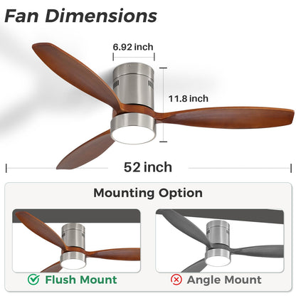 Sofucor 52 Inch Low Profile Ceiling Fan with Lights Remote Control Wood Blades Reversible DC Motor Modern Ceiling Fan for Kitchen, Bedroom, Basement, Dining, Living Room, Dark wood