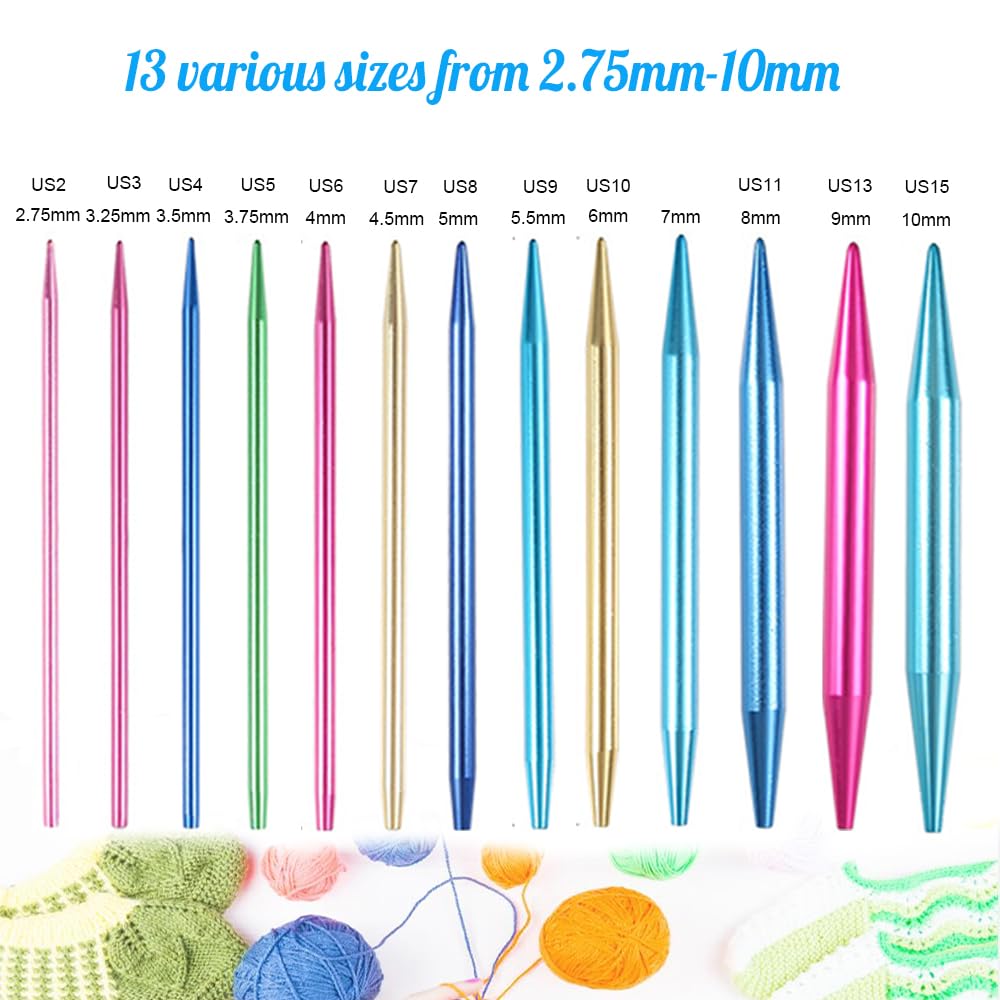 Weabetfu 60pcs Interchangeable Circular Knitting Needles Set with Case 13 Pairs of Aluminum Circular Knitting Needle for Handmade DIY Knitting with Knitting Accessories,(2.75mm-10mm) Weabetfu